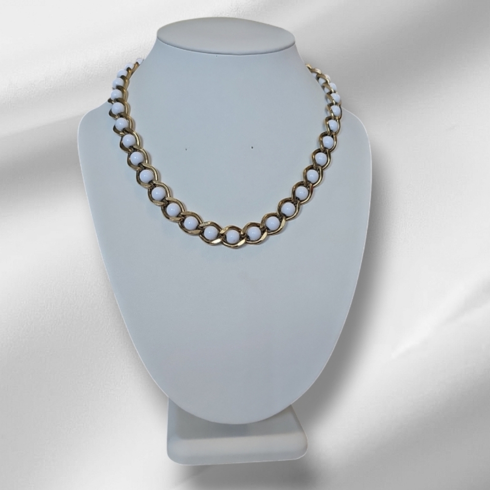 Vintage Signed NAPIER Gold Tone White Beaded Necklace